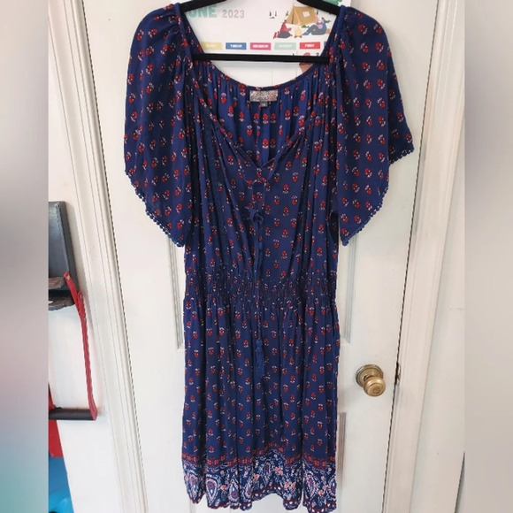 J Gee Blue Bohemian Elastic Waist Flowly Dress in Size 1X - Picture 1 of 9